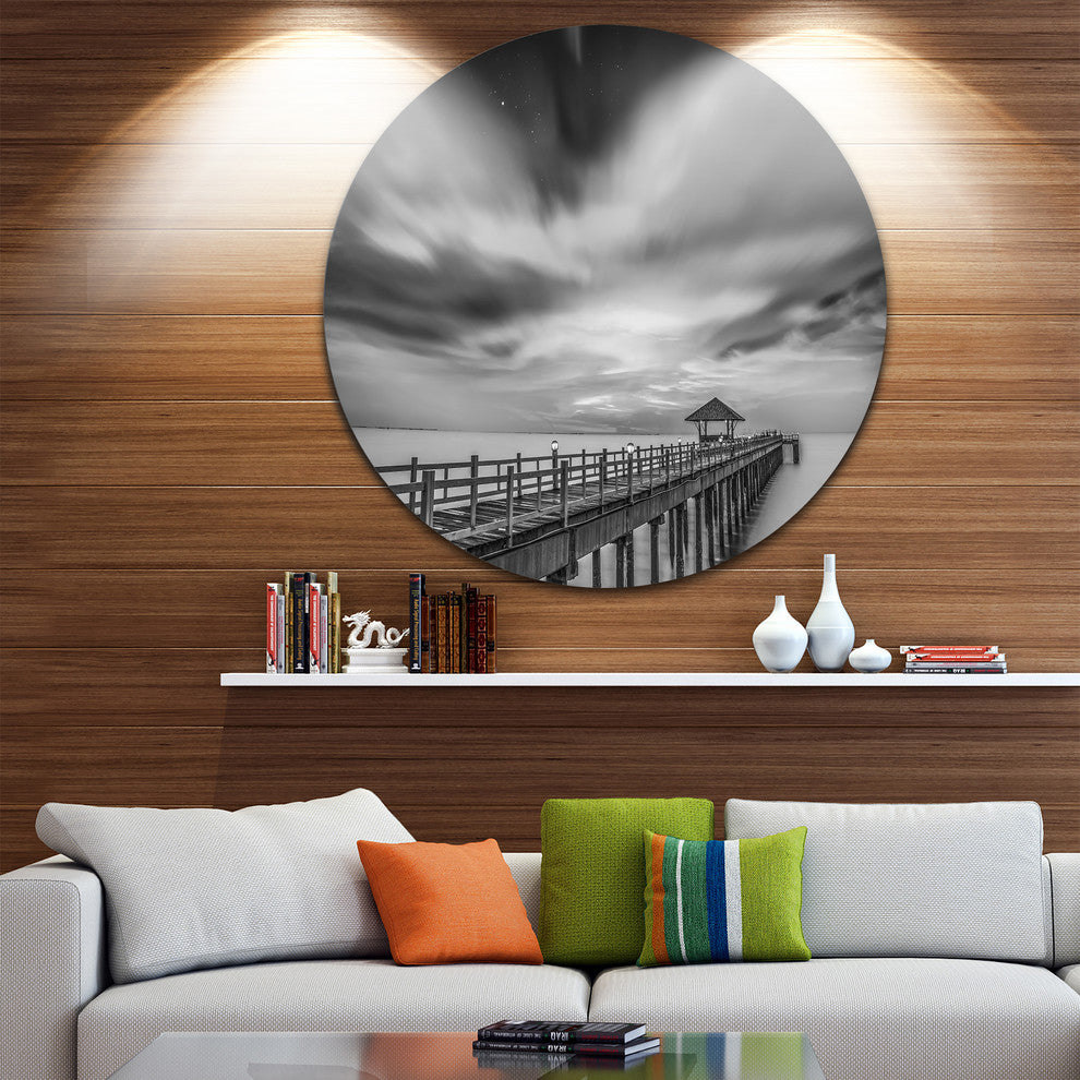 Black And White Wooden Bridge And Sky, Sea Pier Round Wall Art, 11"