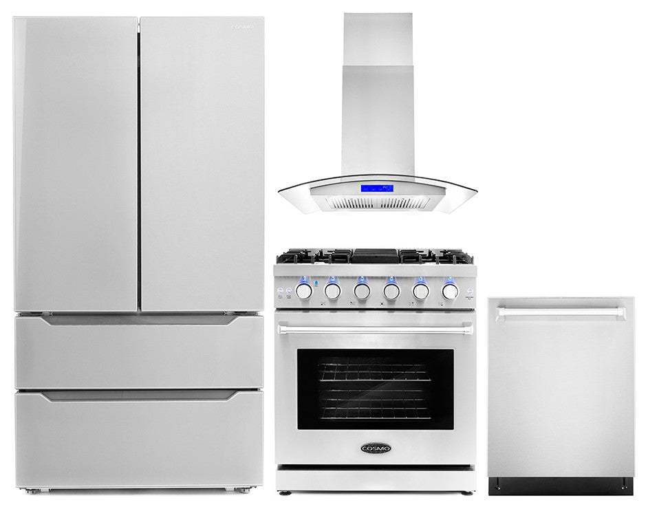 4-Piece, 30" Gas Range, Island Range Hood, Dishwasher, and Refrigerator