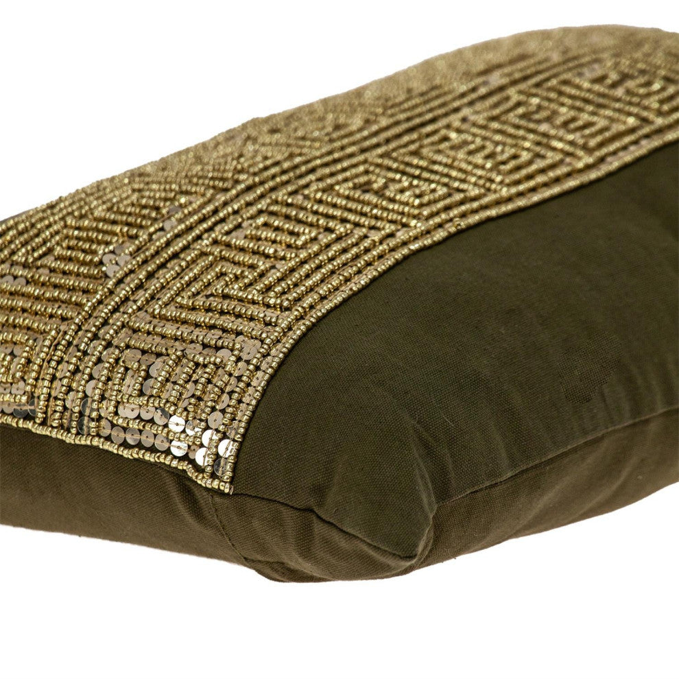 Glam Olive With Gold Sequins Lumbar Throw Pillow