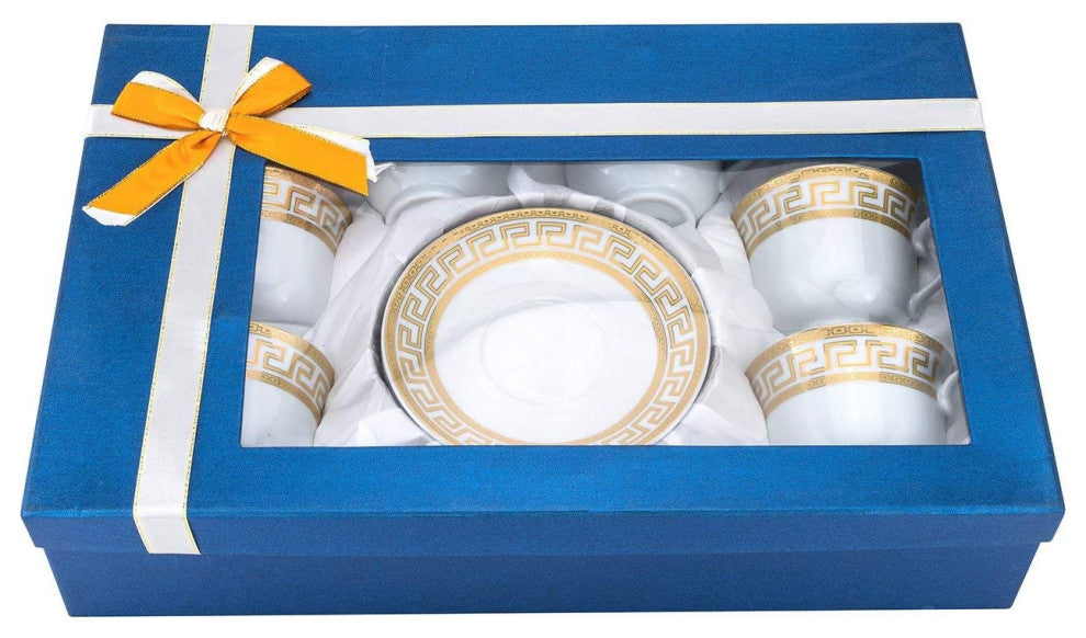 Royalty Porcelain 12pc Tea Set Greek Key 6 Cups, 6 Saucers, Bone China (Gold)