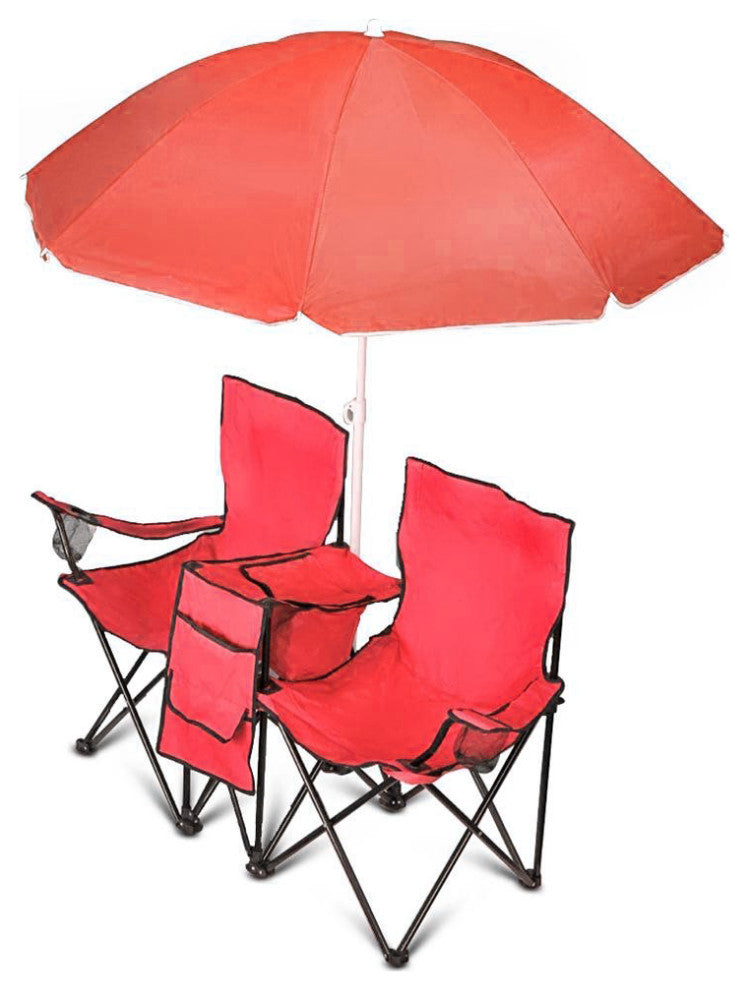 GoTeam Portable Double Folding Chair w/Removable Umbrella, Cooler Bag and Carry