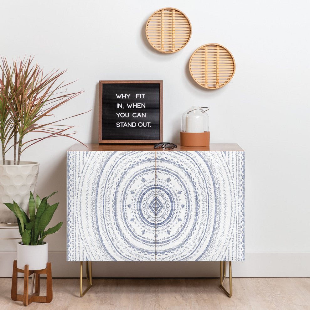 Deny Designs Blue Circle Credenza, Walnut, Gold Steel Legs