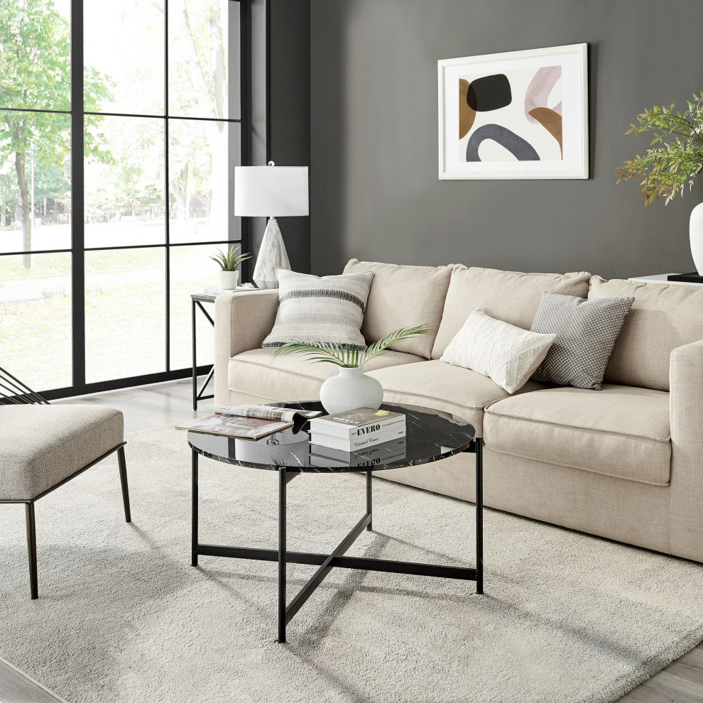 Round Contemporary Marble Finish Veneer Top Black Coffee Table, Black/Black