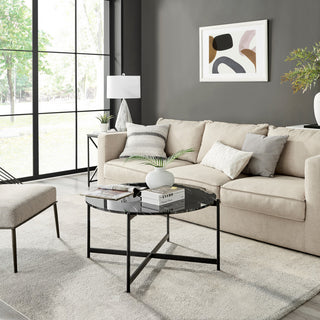 Round Contemporary Marble Finish Veneer Top Black Coffee Table, Black/Black