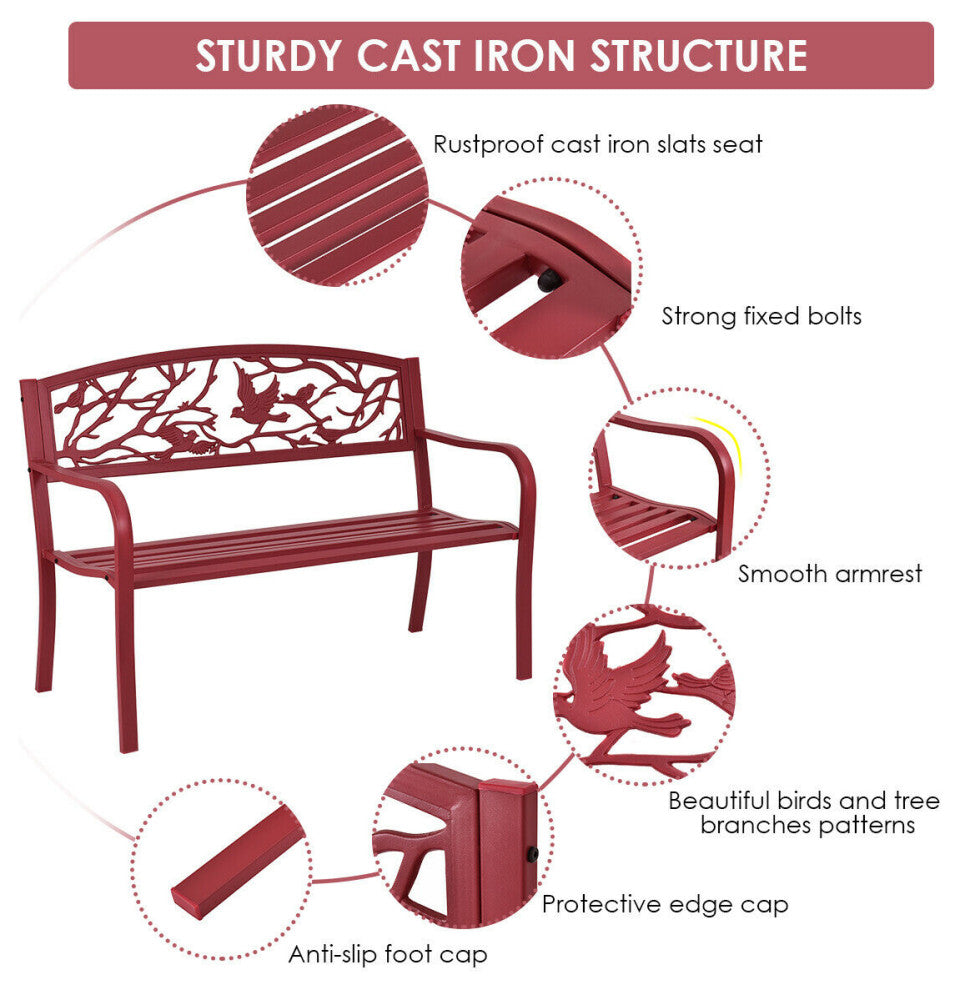 Costway Patio Garden Bench Yard Outdoor Furniture Cast Iron Porch Chair Red