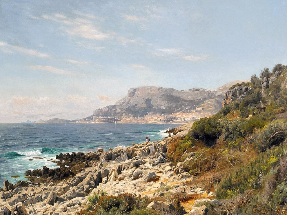 Tile Mural, Cap Martin By P. Monsted Ocean Waves Sky Mountains Cliffs Rock Matte