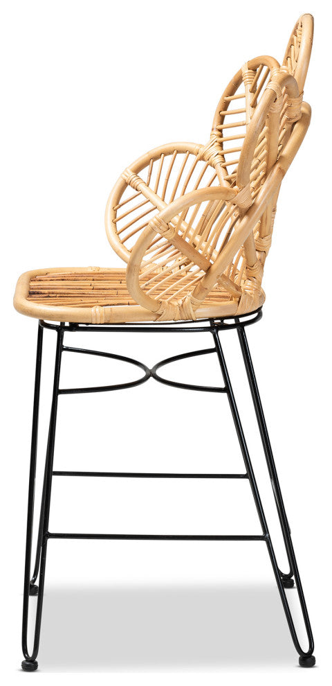 Garan Modern Bohemian Natural Brown Rattan and Black Metal Counter Stool