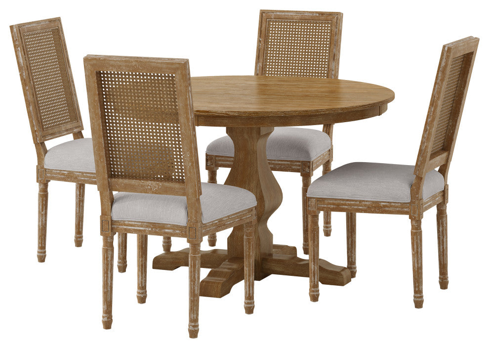Merlene French Country Upholstered Wood and Cane 5-Piece Circular Dining Set, Natural/Light Gray