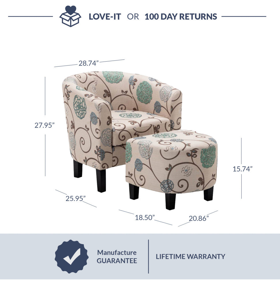 Accent Chair w/ Ottoman Round Arms Curved Back French Print Script,Beige Floral
