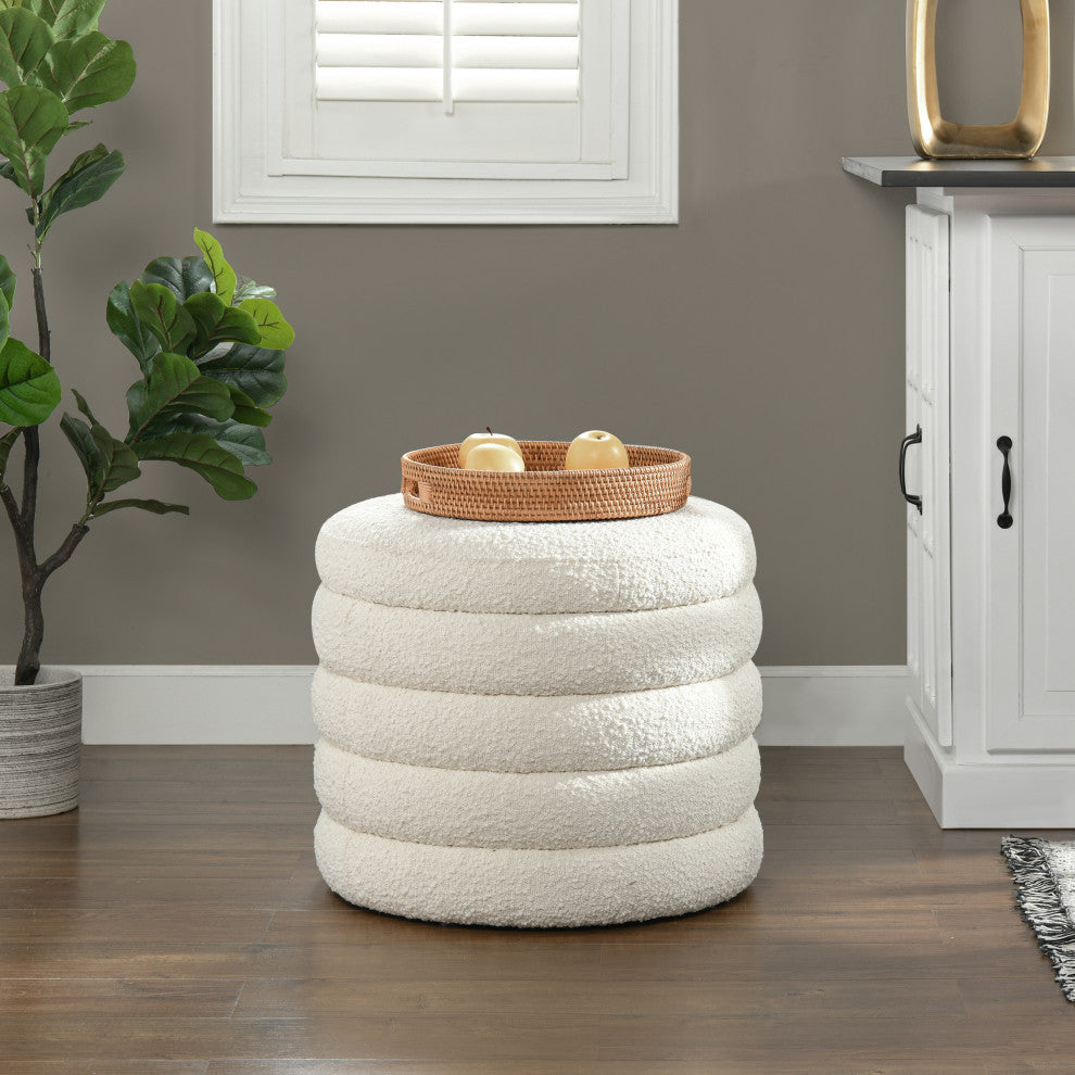 Fuji 19" Oversized Horizontal Tufted Round Storage Ottoman, Ivory White Boucle