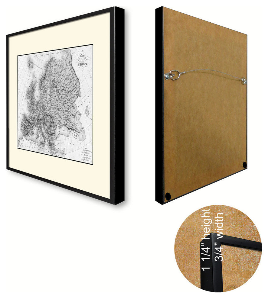 Europe Vintage Map Print On Canvas With Black Custom Frame, 16" X 21"
