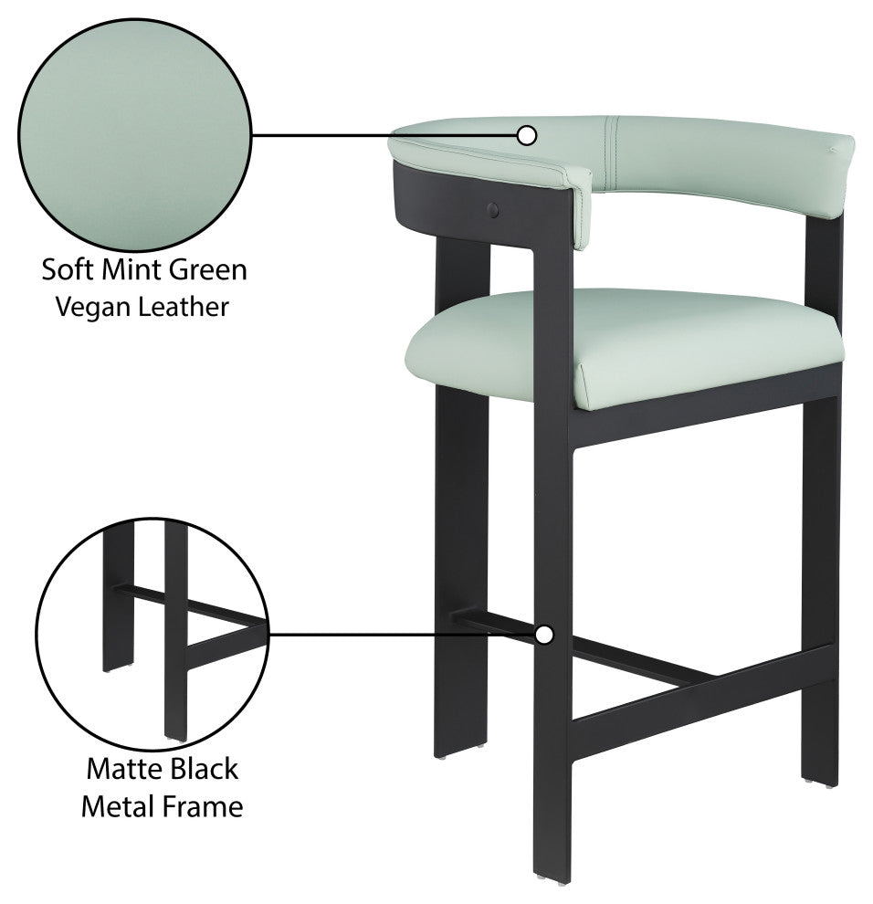 Romeo Upholstered Counter Stool, Set of 2, Green, Vegan Leather, Matte Black