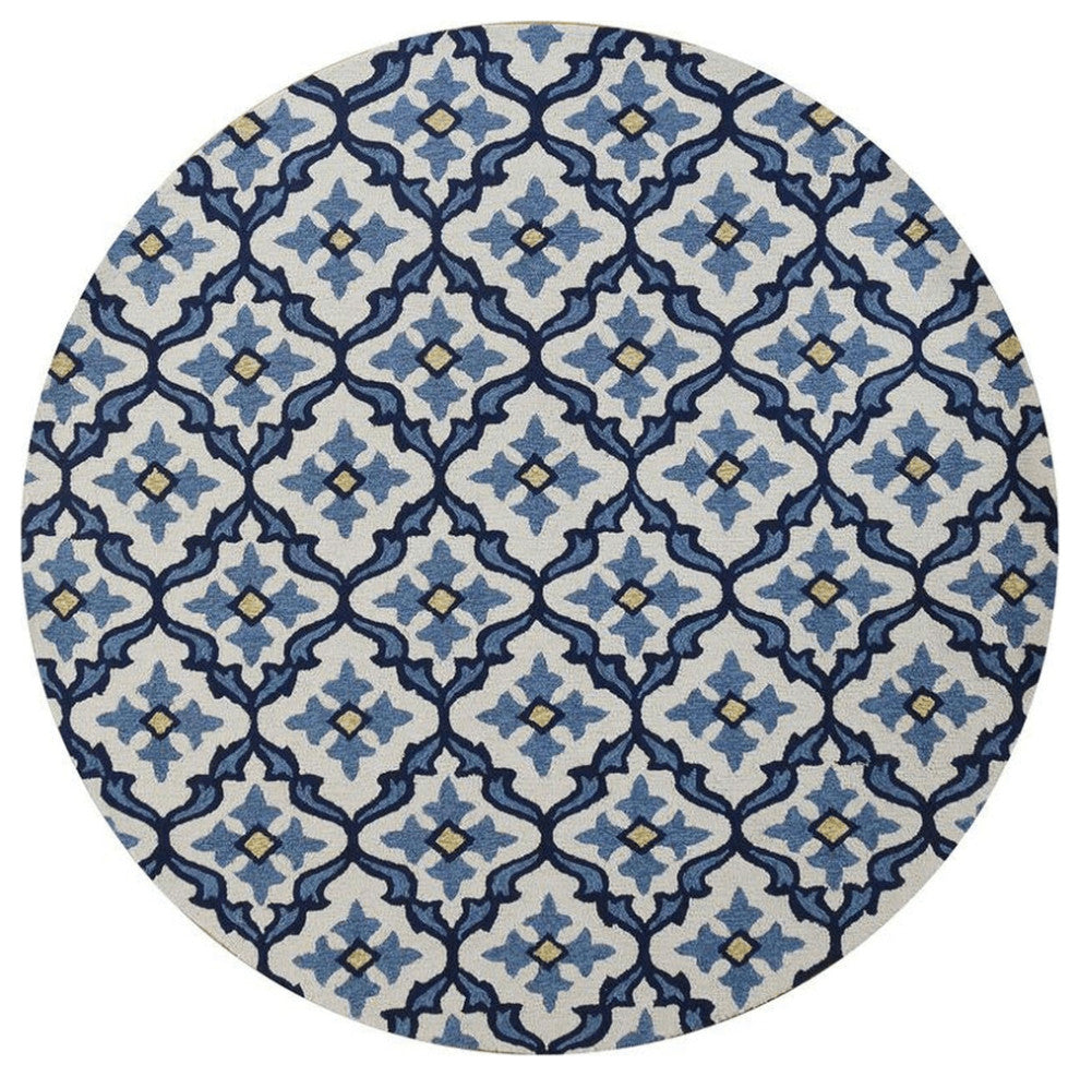8'  Ivory Blue Hand Hooked Uv Treated Coastal Reef Round Indoor Outdoor Area Rug