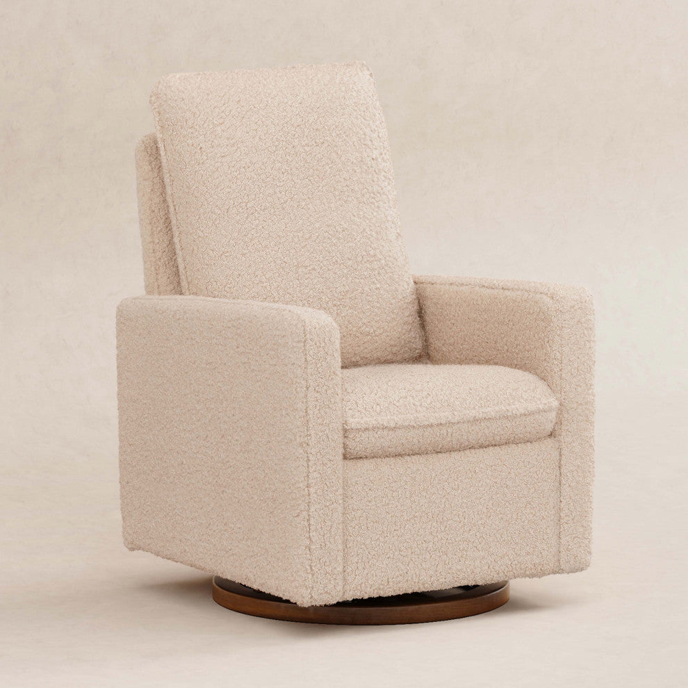 Cali Pillowback Swivel Glider, Boucle, Chai Shearling With Dark Wood Base