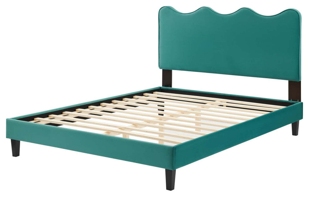 Platform Bed Frame, King Size, Teal Blue, Velvet, Modern, Bedroom Guest Suite