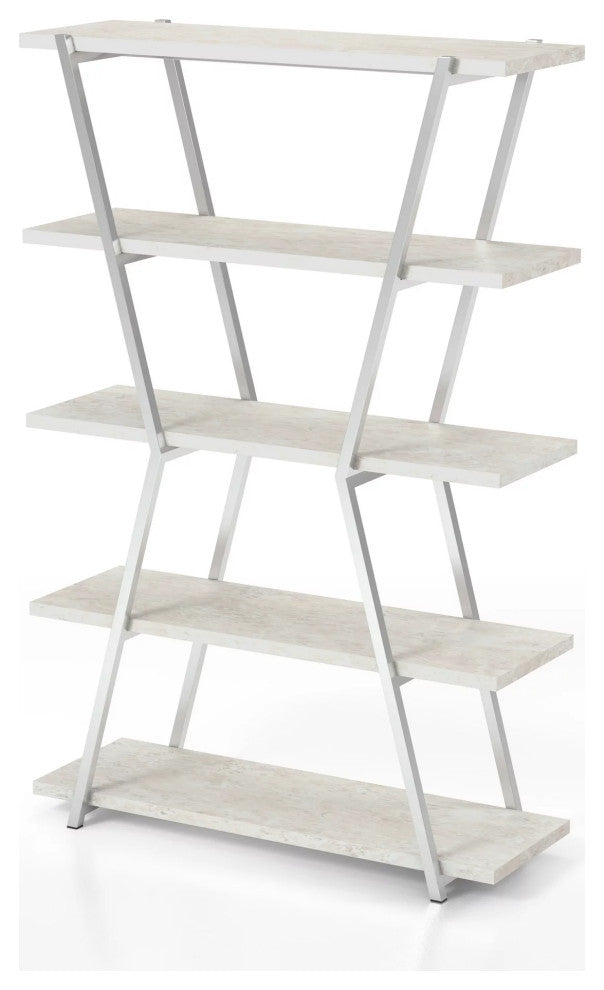 Bookcase, Unique Design With Metal Frame & Open Shelves, Chrome/White Washed