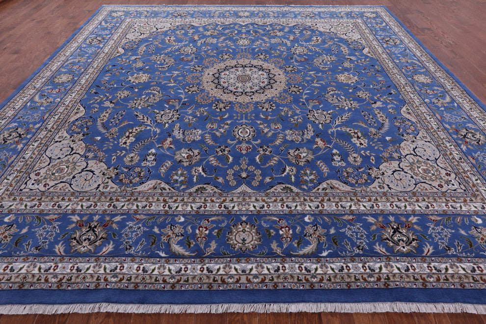 12' Square Wool & Silk Persian Nain Handmade Rug - Q14880