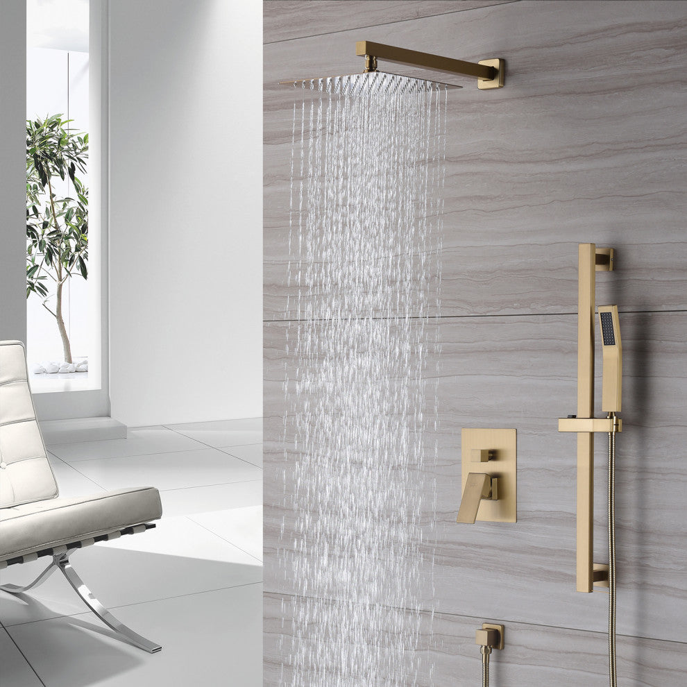 CASAINC 10" Luxury Wall Mounted Shower System Set w Sliding Handheld Rod, Brushed Gold