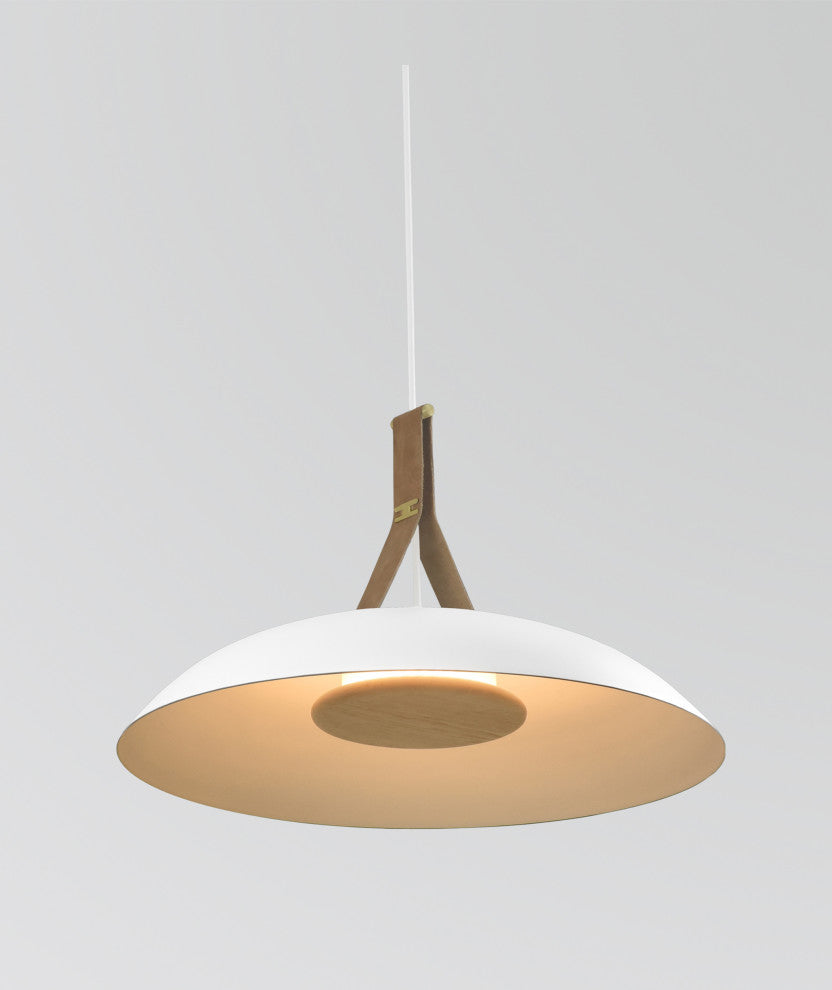 Volo LED Pendant, Blanc, White/Brushed Brass/Tan Leather/White Washed Oak, 2700K
