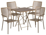 28" Square Gold Indoor-Outdoor Steel Folding Patio Table Set, 4 Back Chairs