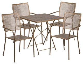 28" Square Gold Indoor-Outdoor Steel Folding Patio Table Set, 4 Back Chairs