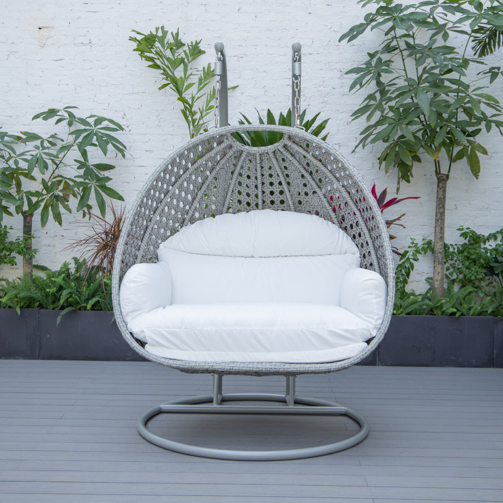 LeisureMod Mendoza Light Gray Wicker Hanging Double Egg Swing Chair, White
