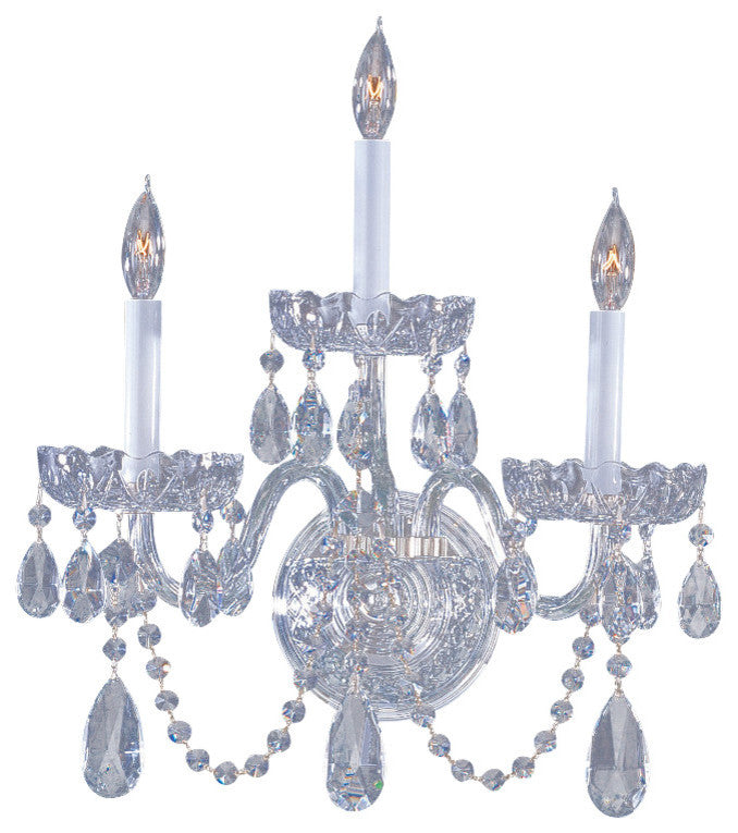 3-Light Sconce, Polished Chrome, Clear Hand-Cut Crystals