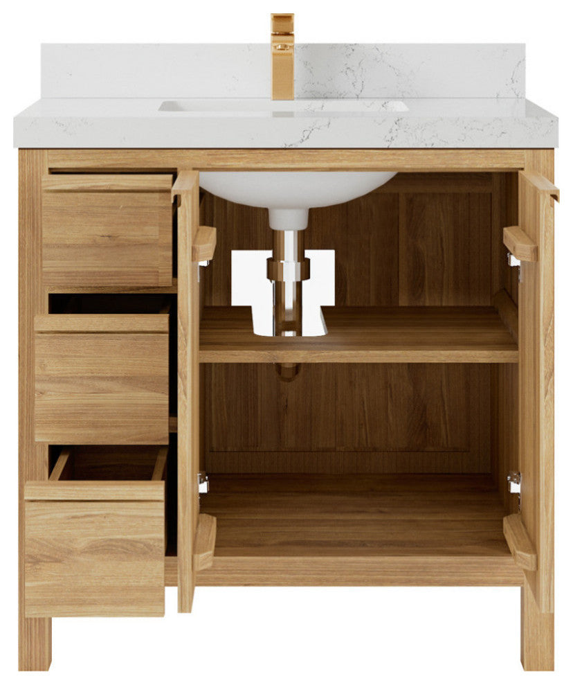 Elizabeth 36 Center Sink Bath Vanity in Light Natural Teak 2" Empira Quartz