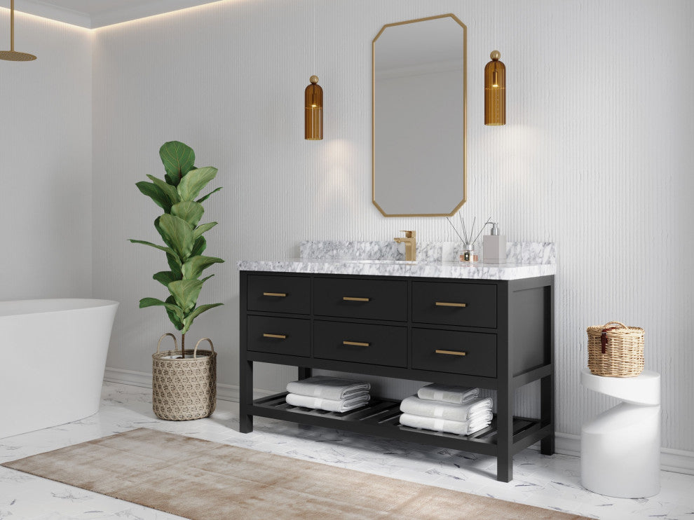 Parker 60" Single Sink Bath Vanity, Black 2" Piatra Gray