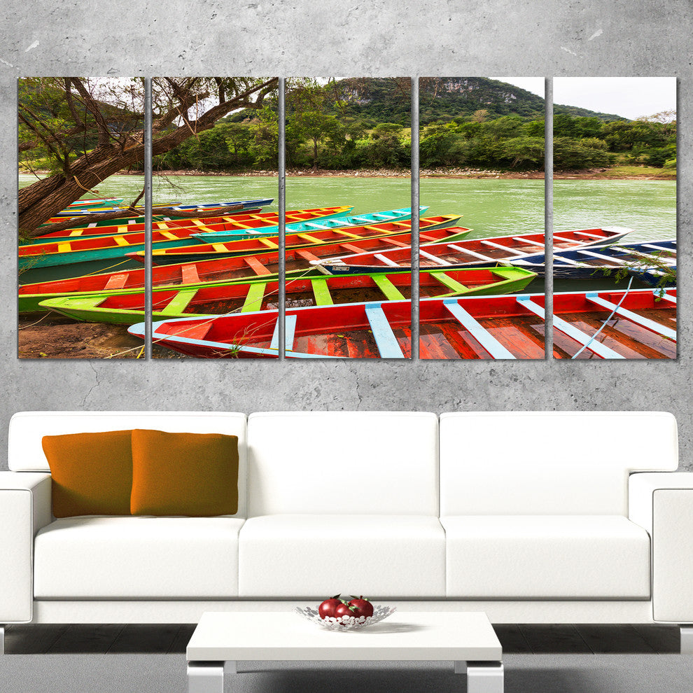 Colorful Boats in Mexico, Landscape Canvas Art Print, 60"x28", 5 Panels