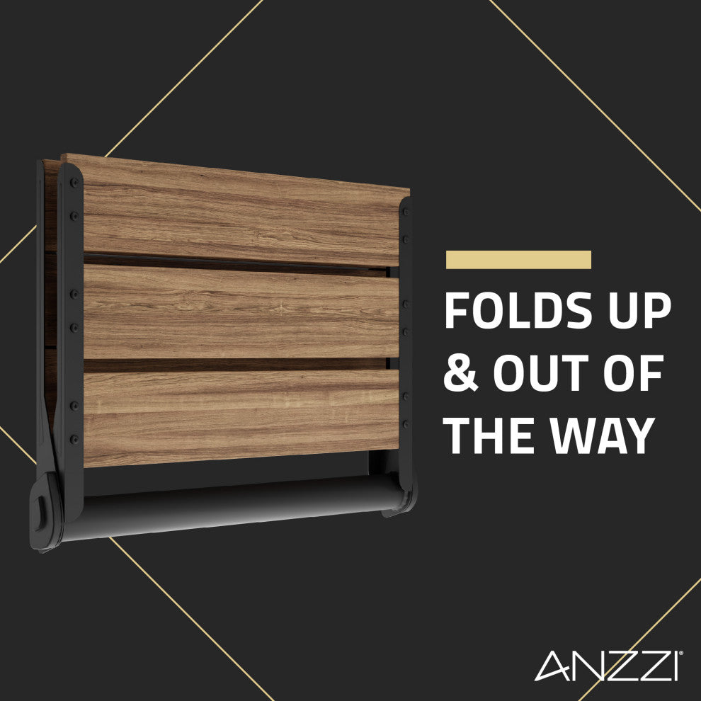 Saxon 17 in. Teak Wall Mounted Folding Shower Seat, Matte Black