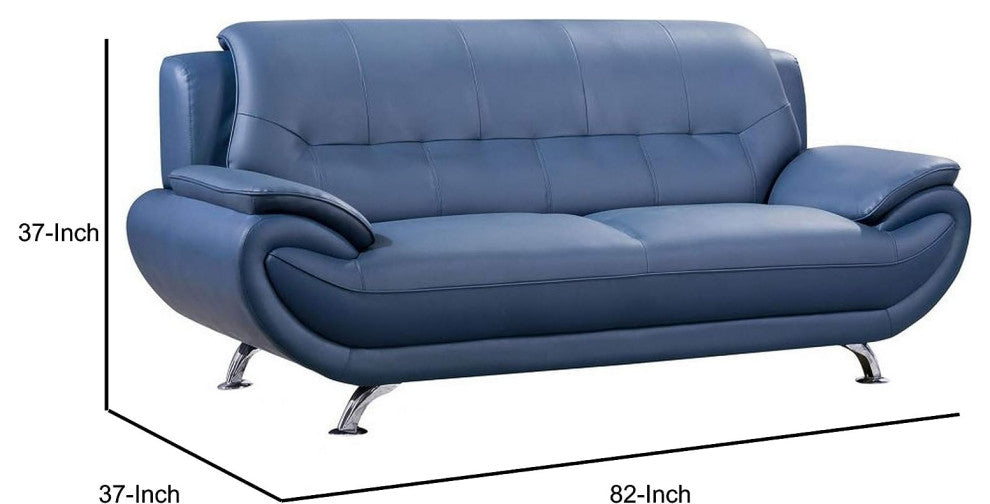 Benzara BM226686 Faux Leather Sofa With Curved Back and Pillow Top Armrest, Blue