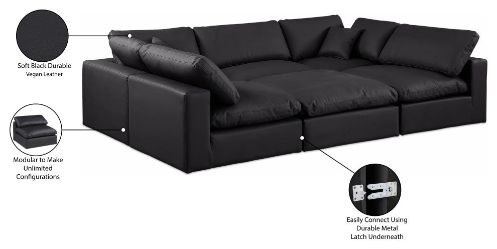 Comfy Upholstered U-Shaped Modular Sectional, Black, 6-Piece: 3 Armless Chair, 2 Corner Chair, 1 Ottoman, Vegan Leather