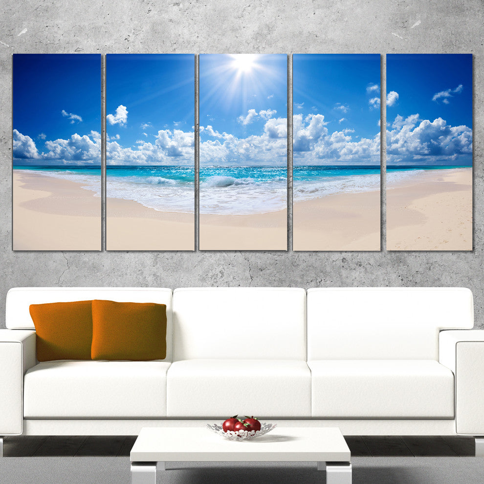 Beautiful Tropical Beach Panorama, Modern Seashore Canvas Art, 60"x28", 5 Panels
