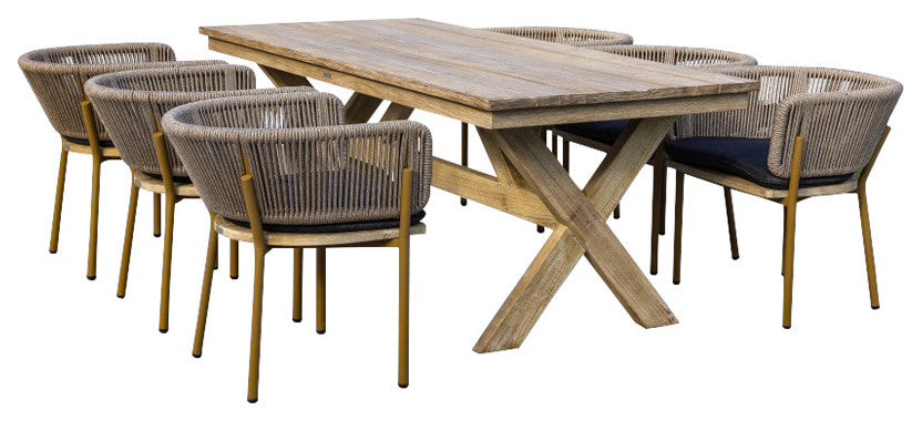 Santino + Melina 7-Piece Outdoor Dining Set, 6 Rope-Back Chairs, Milk/Coffee
