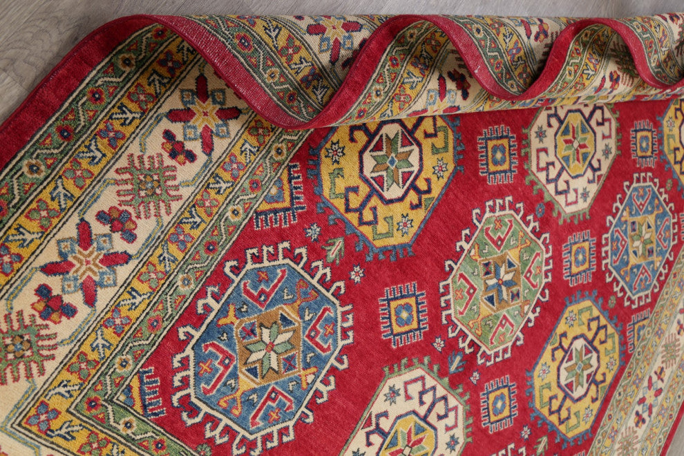 Traditional Oriental Hand-Knotted Pakistani Kazak Area Rug Bordered, 7 X 10 Ft.