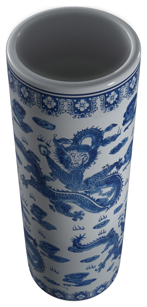 24" Dragon Blue and White Porcelain Umbrella Stand