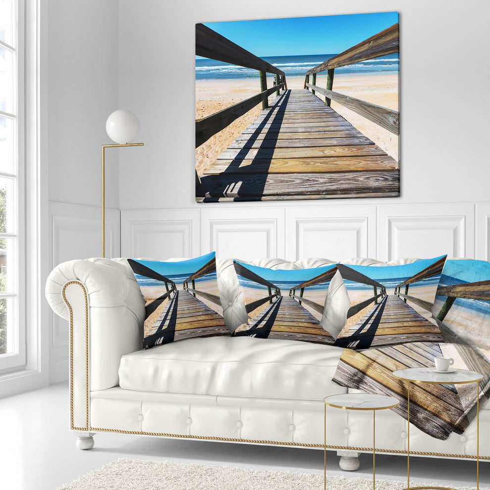 Long Boardwalk into Blue Seashore Seashore Throw Pillow, 16"x16"