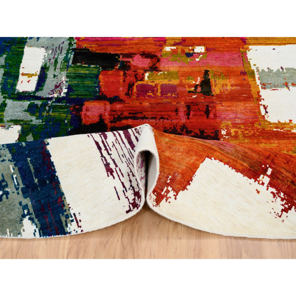 Colorful Wool and Silk Hand Knotted Modern Abstract Motifs Round Rug, 8'9"x8'9"
