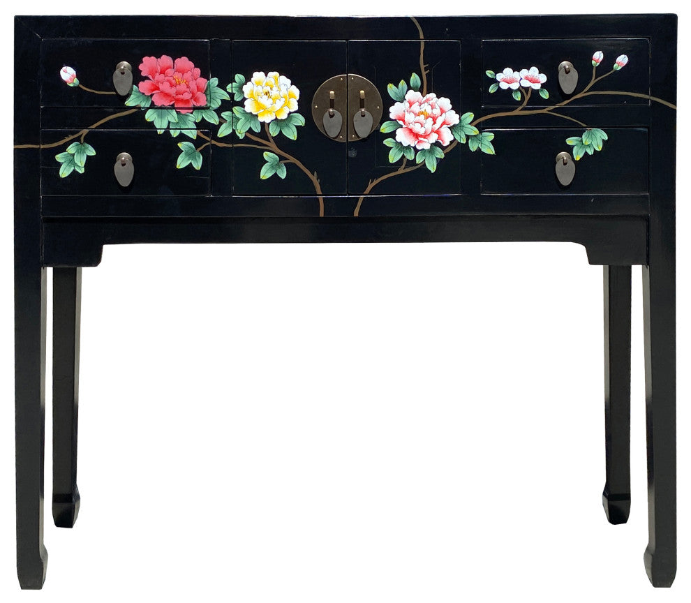 Black Lacquer Flower Graphic 4 Drawers Slim Narrow Foyer Side Table Hcs7347