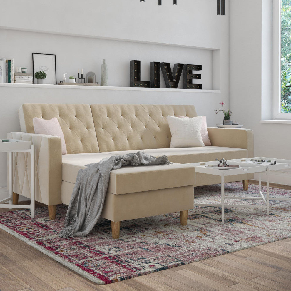 Unique Sectional Futon Sofa, Reversible Design With Diamond Tufting, Ivory