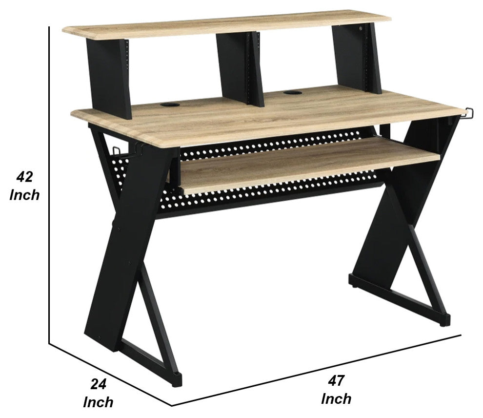 Benzara BM276203 Wood Music Desk Studio Station, Keyboard Tray, Shelves, Brown
