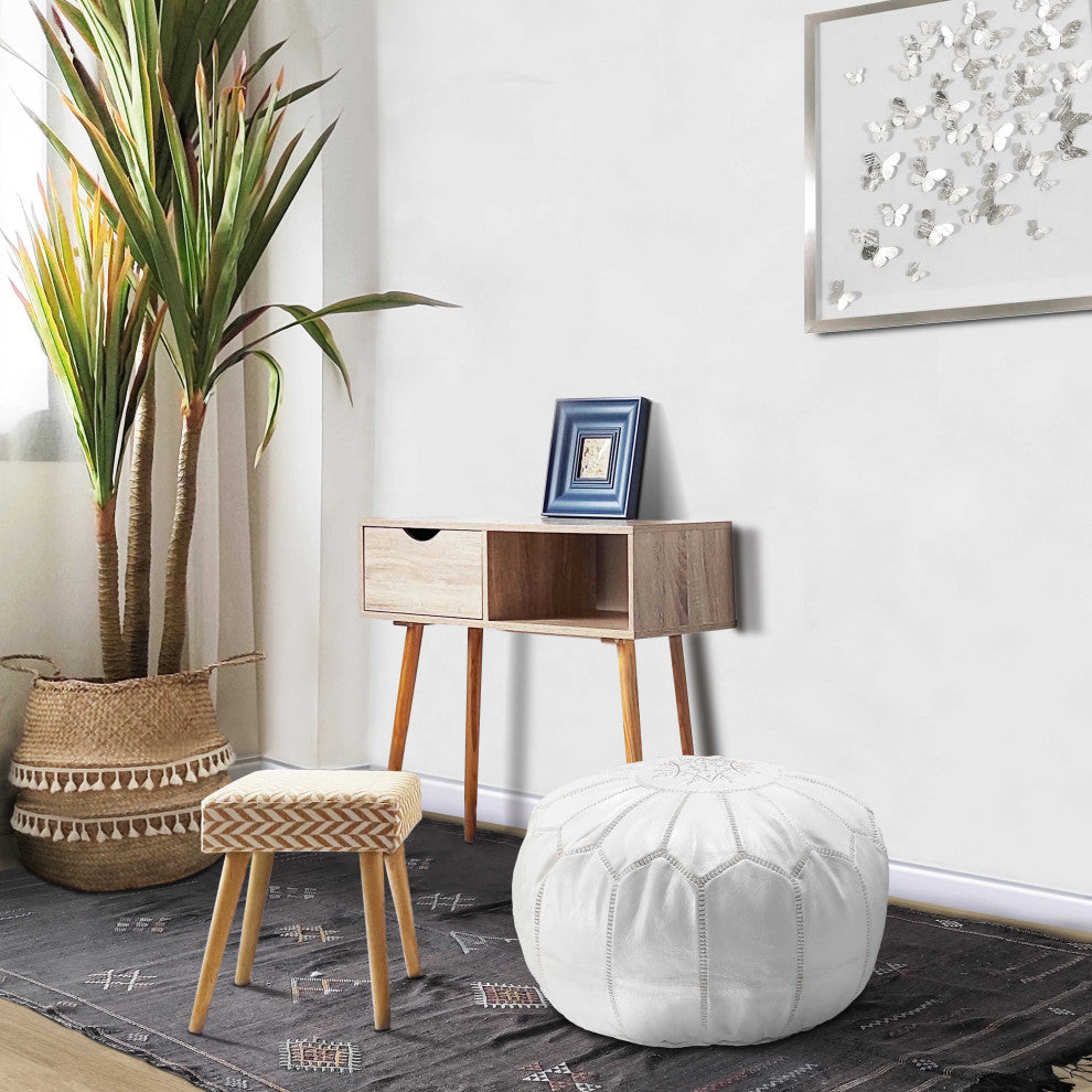 4 Colors Handmade Moroccan Ottoman, Genuine Leather White Poufs, Milk White