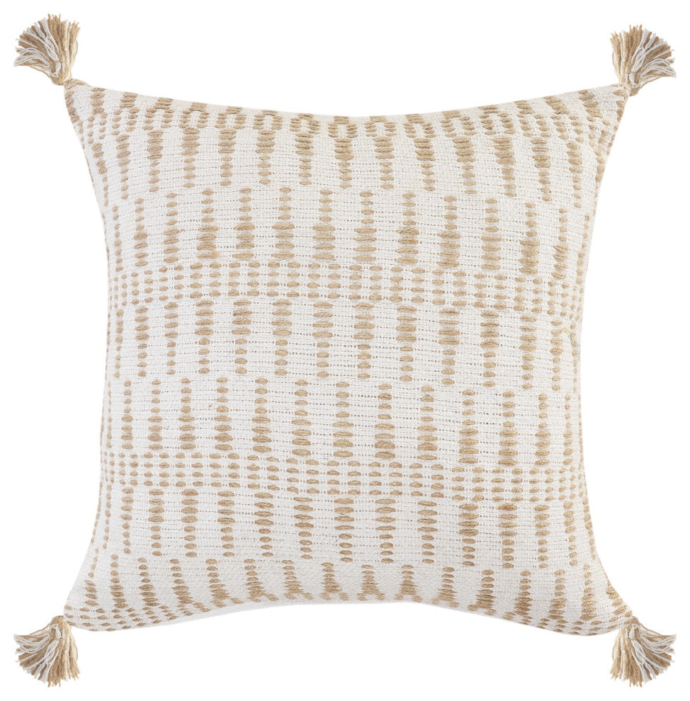 Ivory and Jute Geometric and Tasseled Throw Pillow