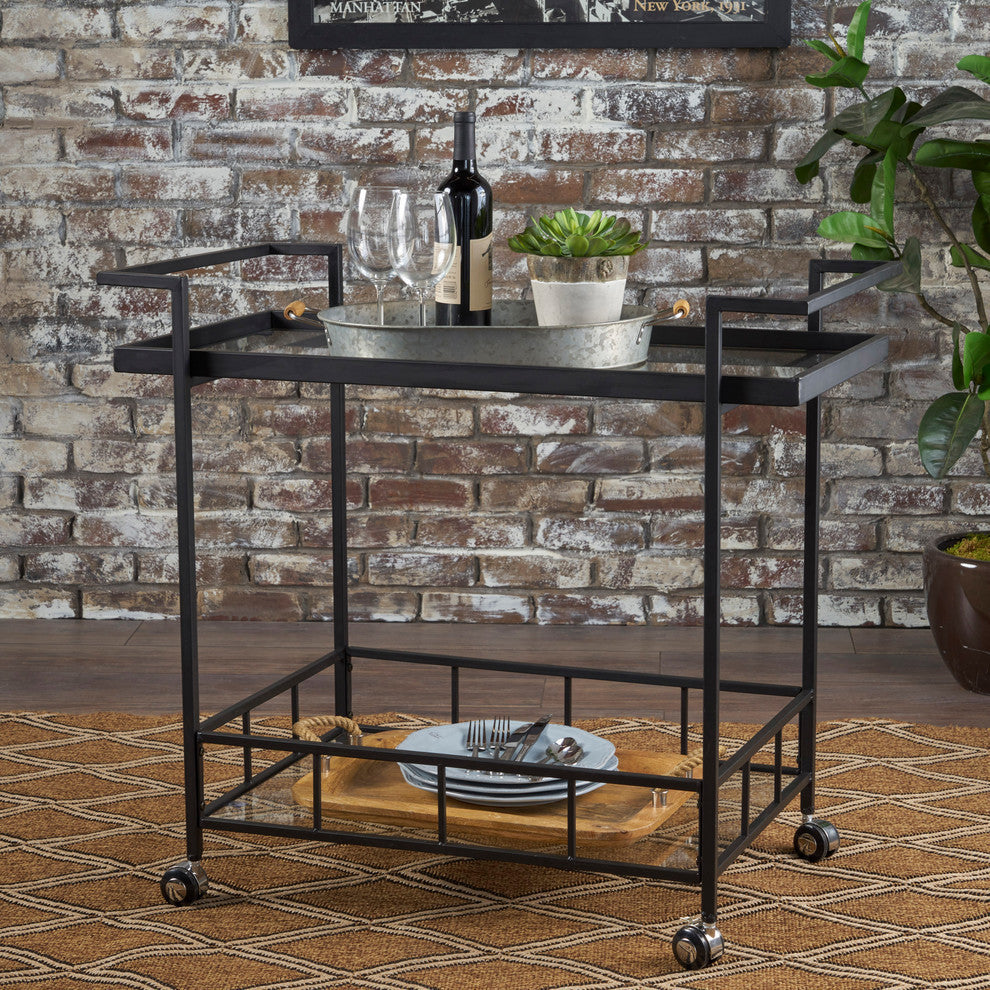 GDF Studio Selma Outdoor Black Powder Coated Iron Bar Cart With Tempered Glass