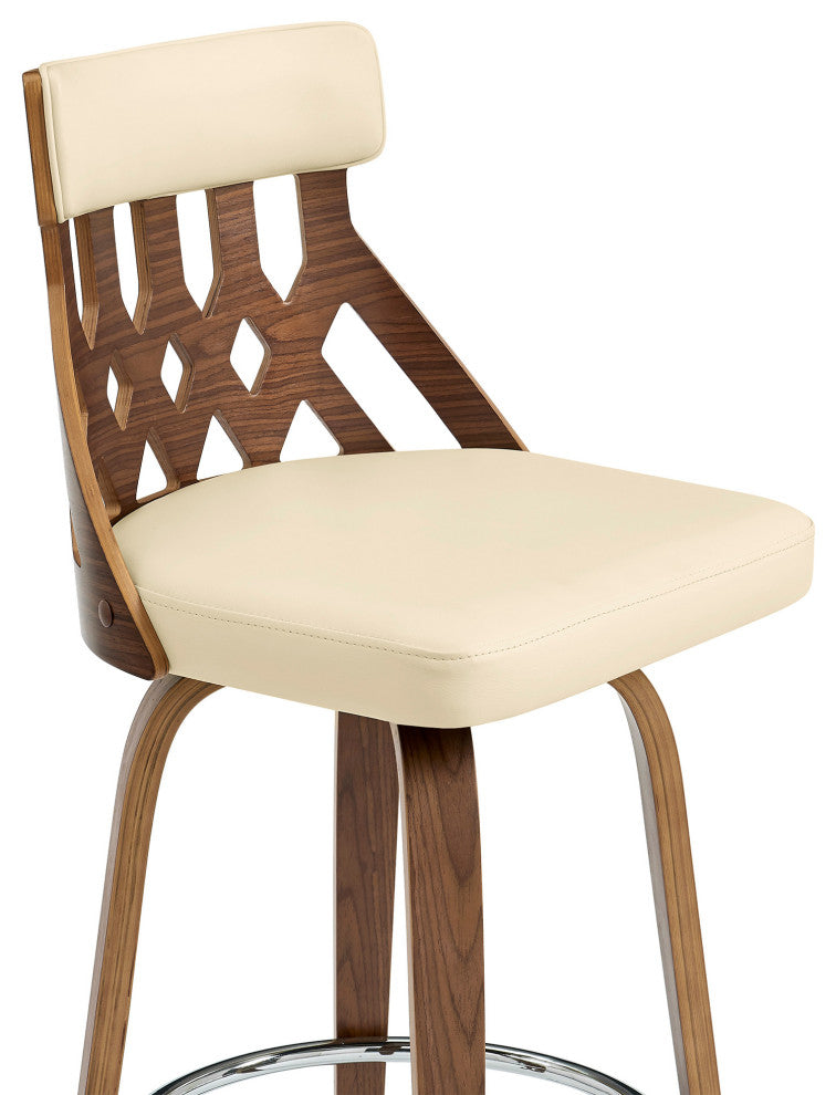 26" Cream Faux Leather Curved Back Walnut Wood Swivel Bar Stool