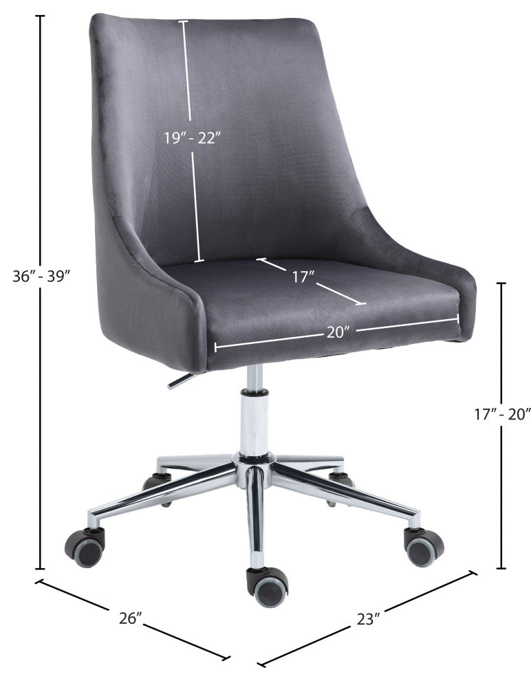 Karina Swivel and Adjustable Velvet Upholstered Office Chair, Grey, Chrome Base