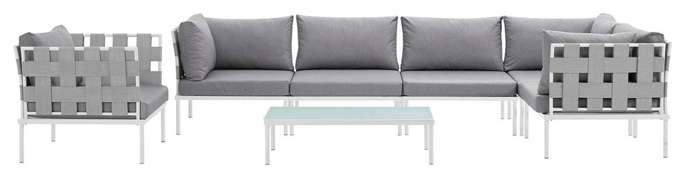 Modern Urban Outdoor Patio 7-Piece Sectional Sofa Set, Gray White Gray, Rattan