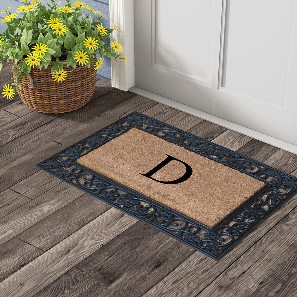 A1HC Floral Border Black 18x30 Rubber and Coir Heavy Duty Monogrammed Doormat, D