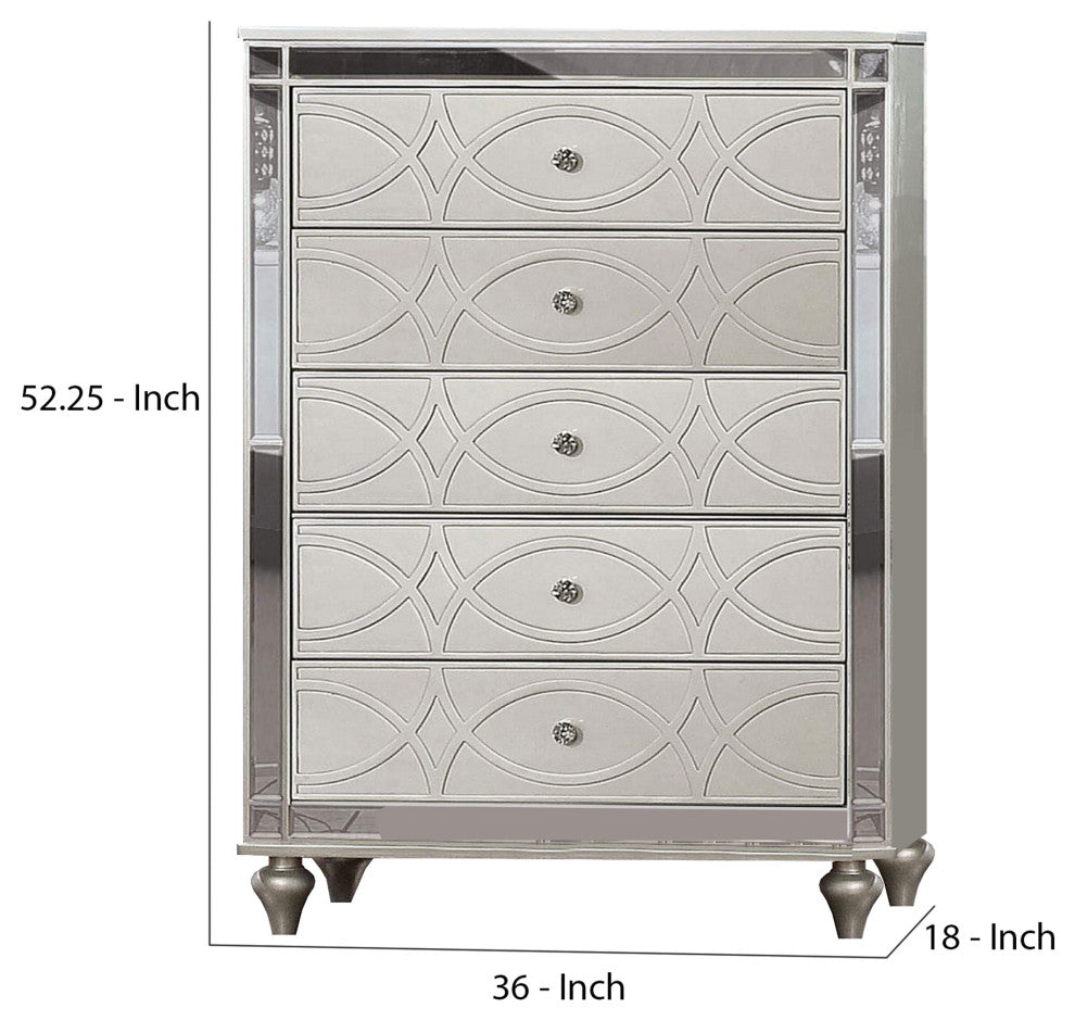 Benzara BM252517 Chest With 5 Drawers and Circular Decorative Pattern, Silver